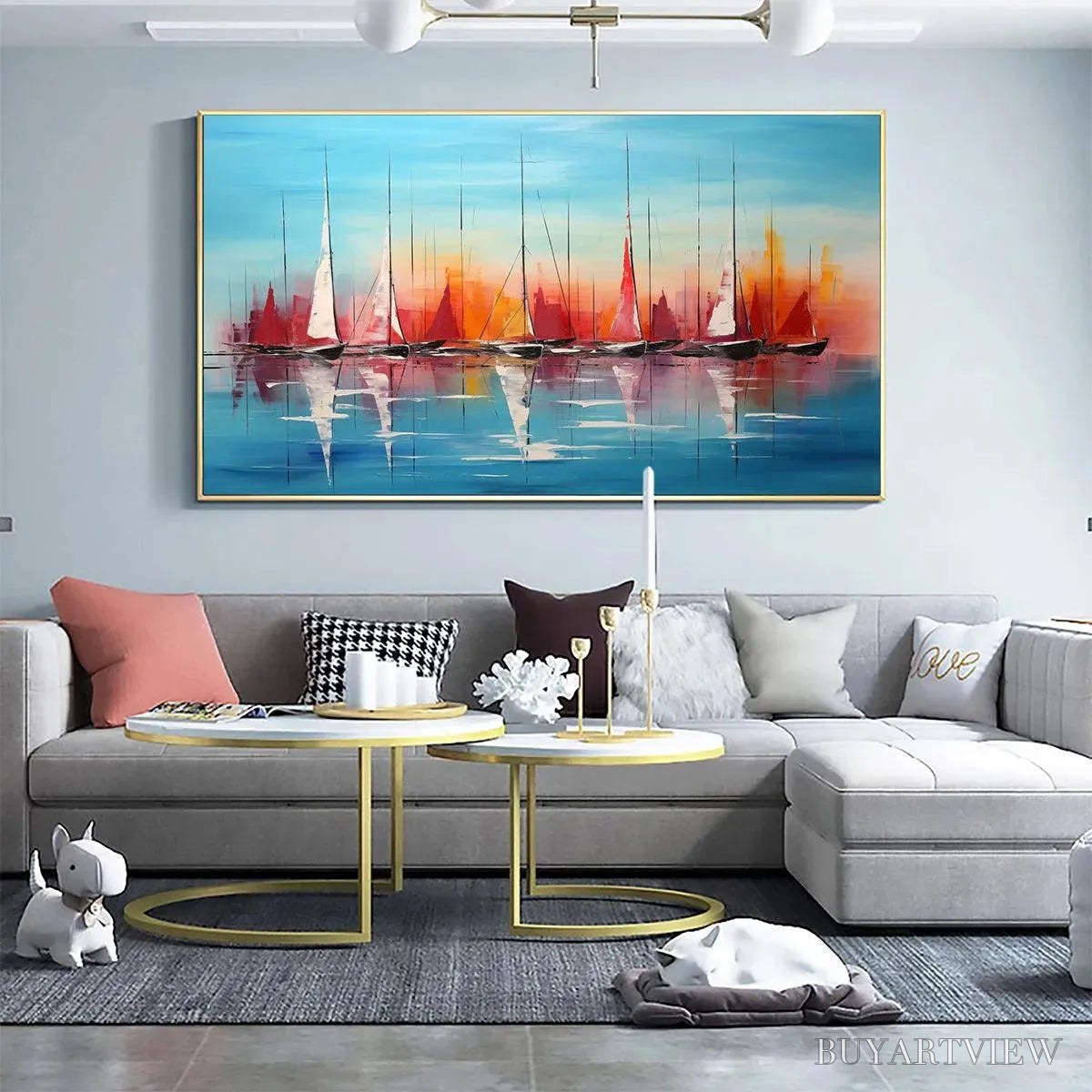 ARTOVITAS Harbor Sunset – Panoramic Sailboat Painting, Colorful Sunset - image 4