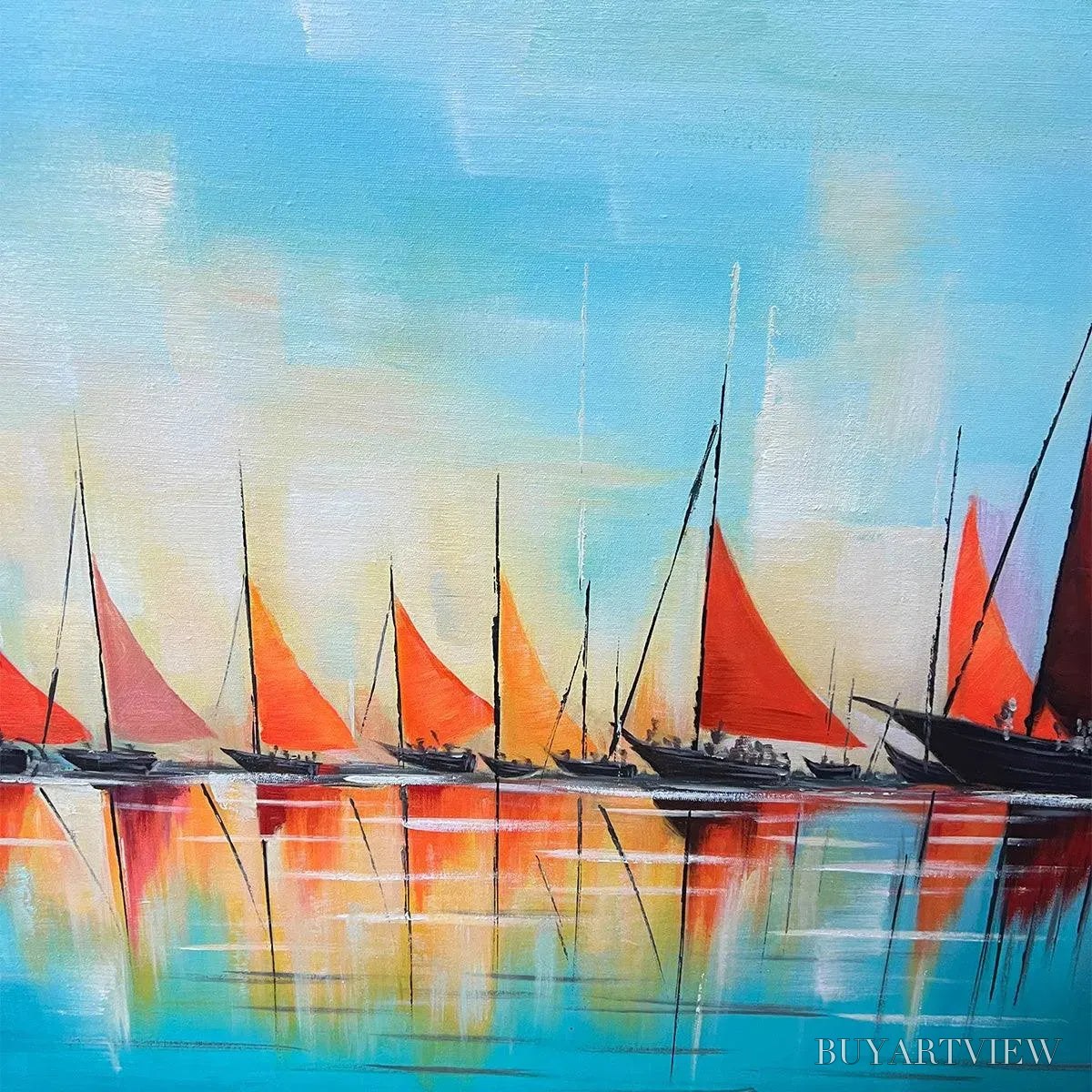 ARTOVITAS Harbor Sunset – Panoramic Sailboat Painting, Colorful Sunset - image 5