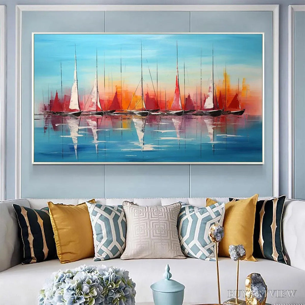 ARTOVITAS Harbor Sunset – Panoramic Sailboat Painting, Colorful Sunset - image 6