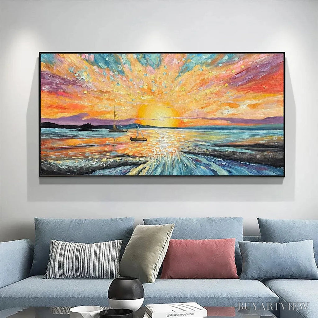 ARTOVITAS Sailing At Sunset – Vibrant Seascape Painting, Panoramic Canvas, Coastal - image 2