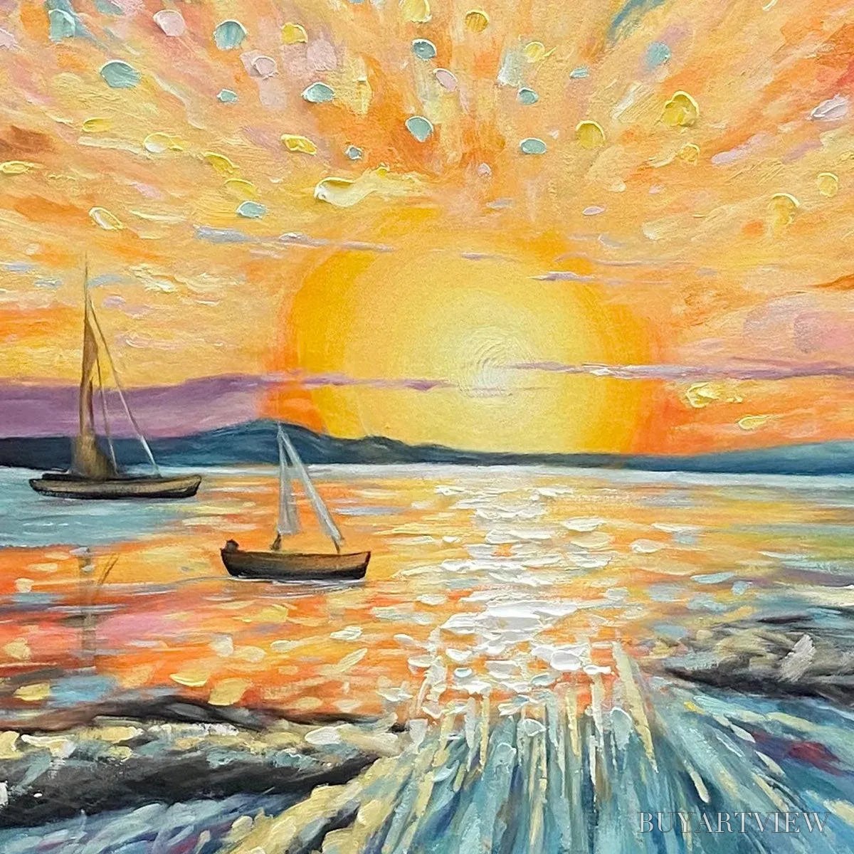 ARTOVITAS Sailing At Sunset – Vibrant Seascape Painting, Panoramic Canvas, Coastal - image 3