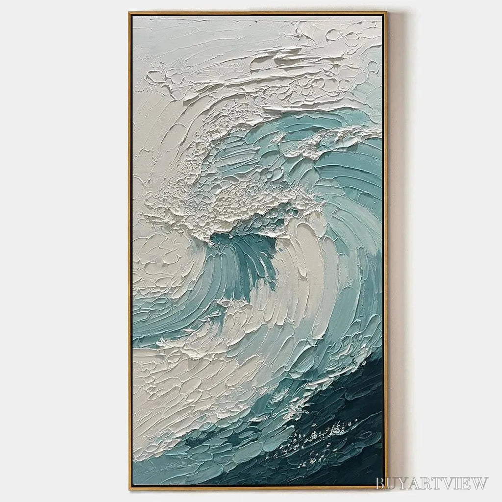 ARTOVITAS Aquamarine Crest – Textured Ocean Wave Painting, Vertical Canvas, Coastal - image 1