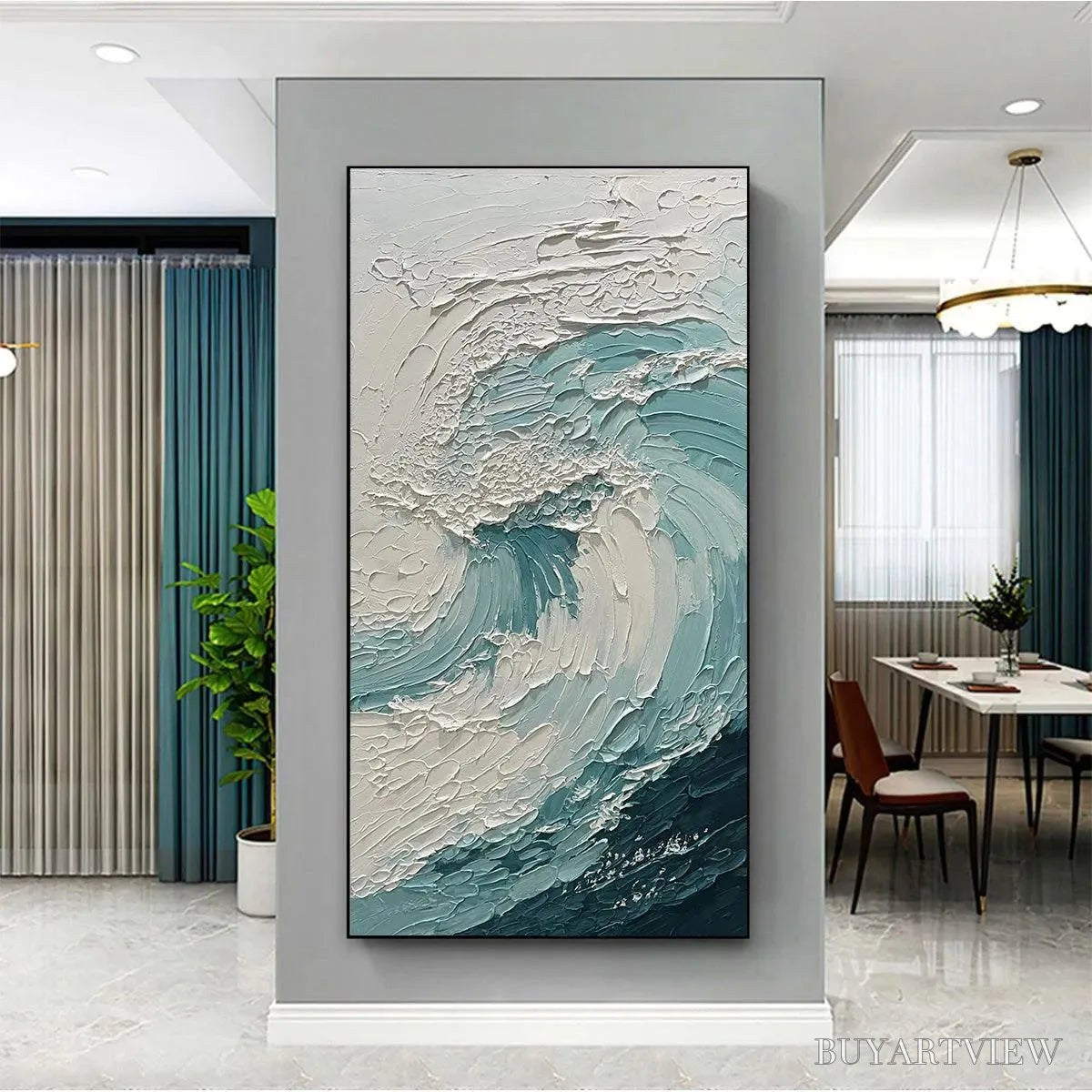 ARTOVITAS Aquamarine Crest – Textured Ocean Wave Painting, Vertical Canvas, Coastal - image 2