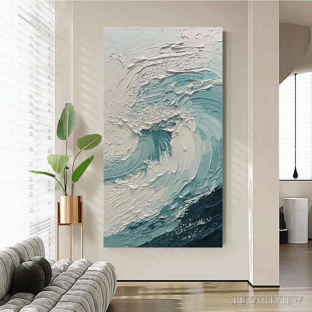 ARTOVITAS Aquamarine Crest – Textured Ocean Wave Painting, Vertical Canvas, Coastal - image 5