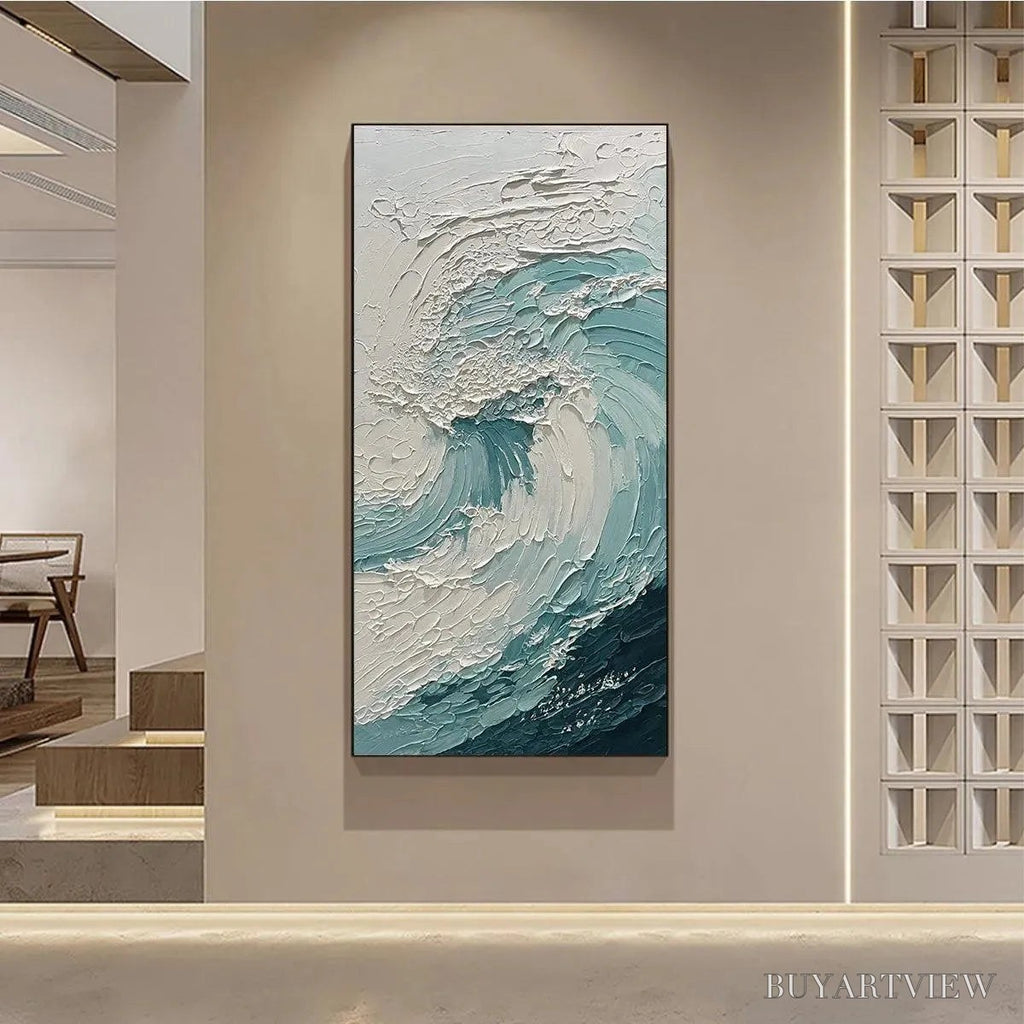 ARTOVITAS Aquamarine Crest – Textured Ocean Wave Painting, Vertical Canvas, Coastal - image 6