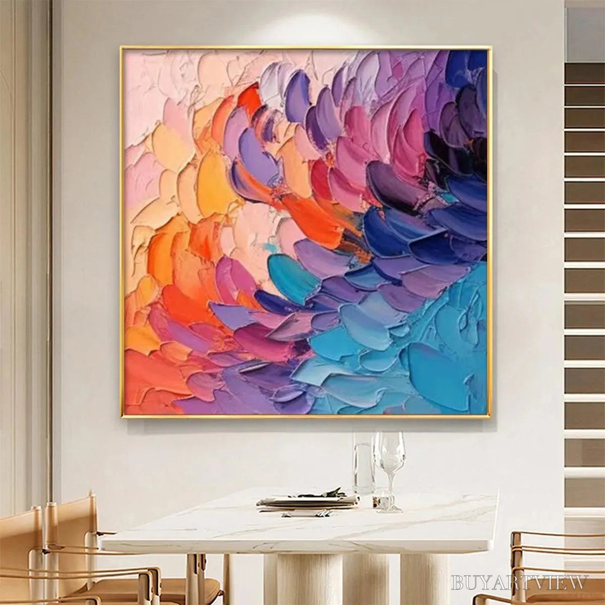 ARTOVITAS Rainbow Waves – Textured Abstract Painting, Impasto , Square Canvas, Modern Decor - image 3