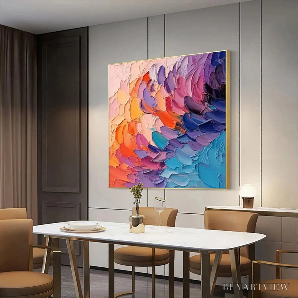ARTOVITAS Rainbow Waves – Textured Abstract Painting, Impasto , Square Canvas, Modern Decor - image 5