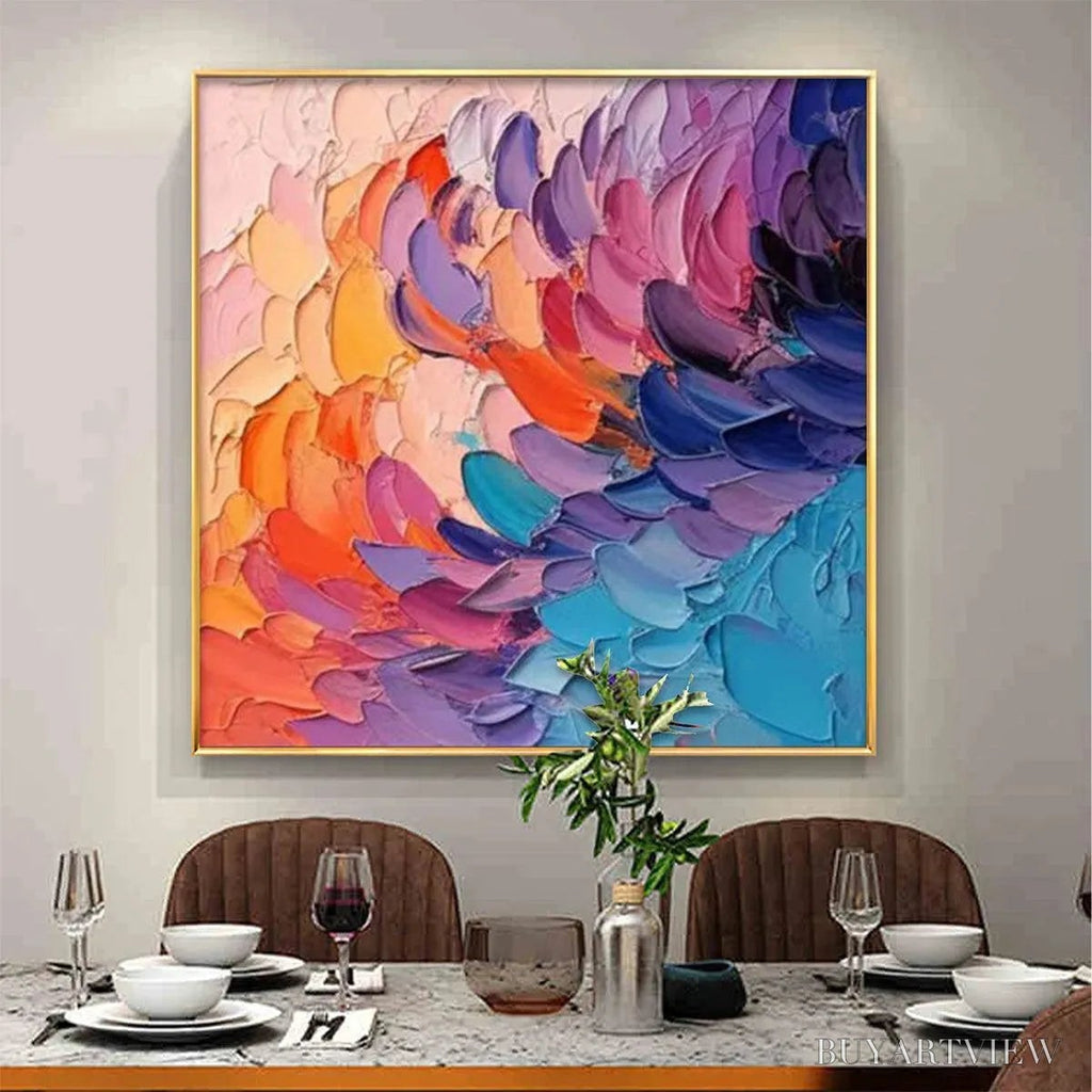 ARTOVITAS Rainbow Waves – Textured Abstract Painting, Impasto , Square Canvas, Modern Decor - image 6