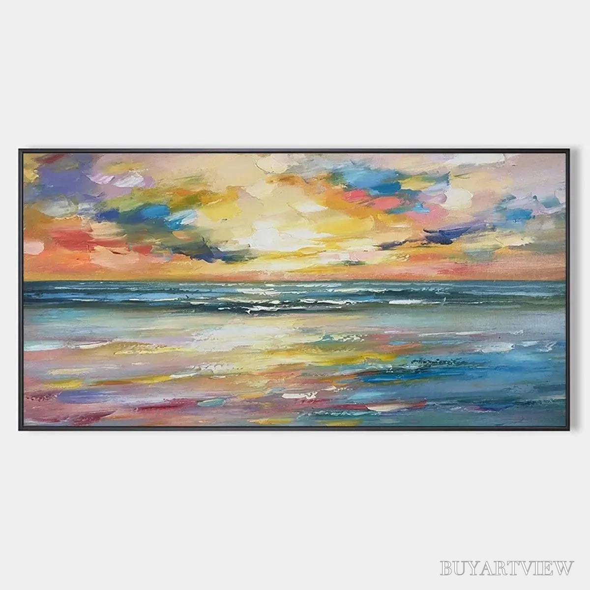 ARTOVITAS Seaside Sunset Serenade – Ocean Painting, Impasto Texture, Sunset Beach, Panoramic , Horizontal Canvas - image 1