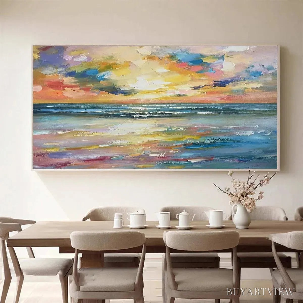 ARTOVITAS Seaside Sunset Serenade – Ocean Painting, Impasto Texture, Sunset Beach, Panoramic , Horizontal Canvas - image 2