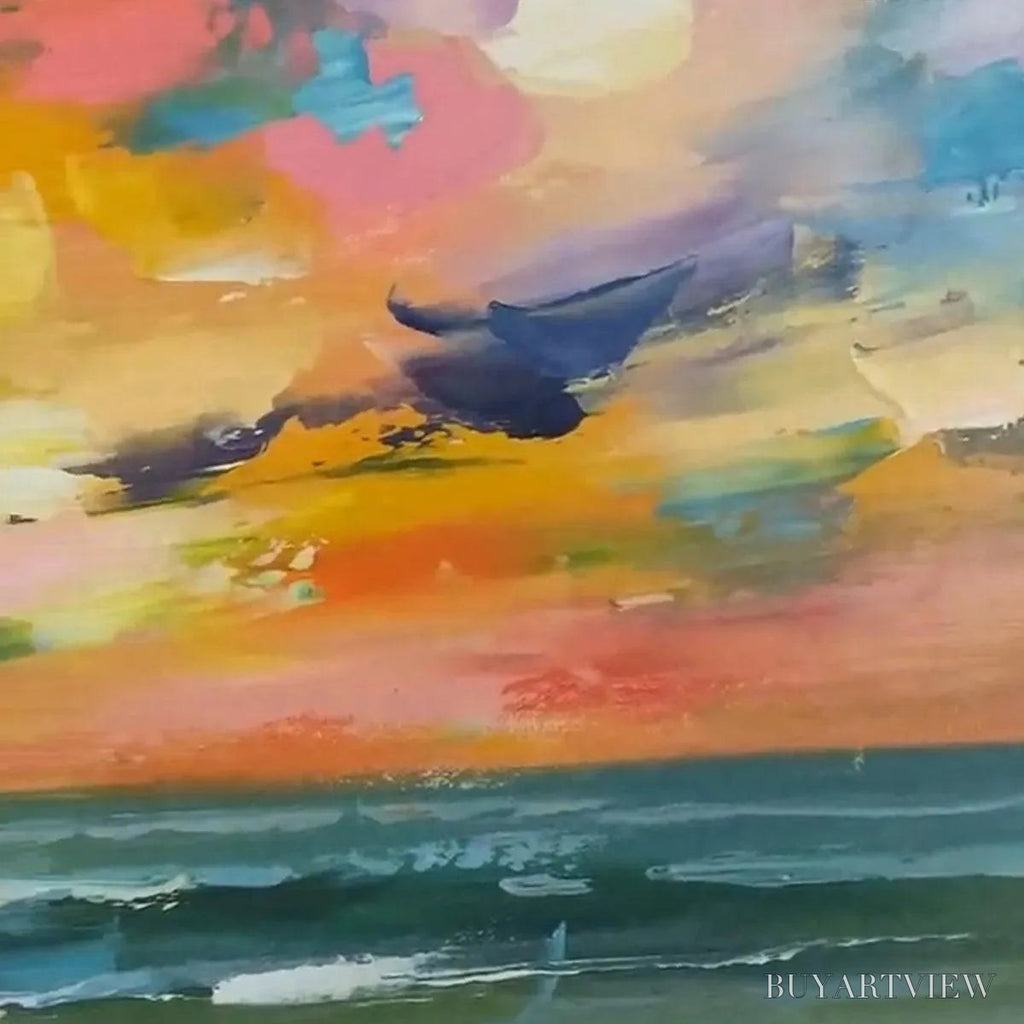 ARTOVITAS Seaside Sunset Serenade – Ocean Painting, Impasto Texture, Sunset Beach, Panoramic , Horizontal Canvas - image 3