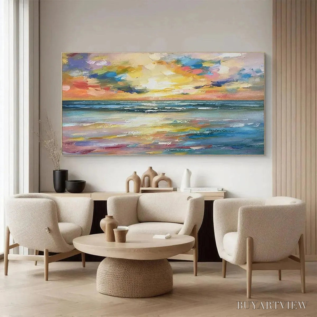 ARTOVITAS Seaside Sunset Serenade – Ocean Painting, Impasto Texture, Sunset Beach, Panoramic , Horizontal Canvas - image 4