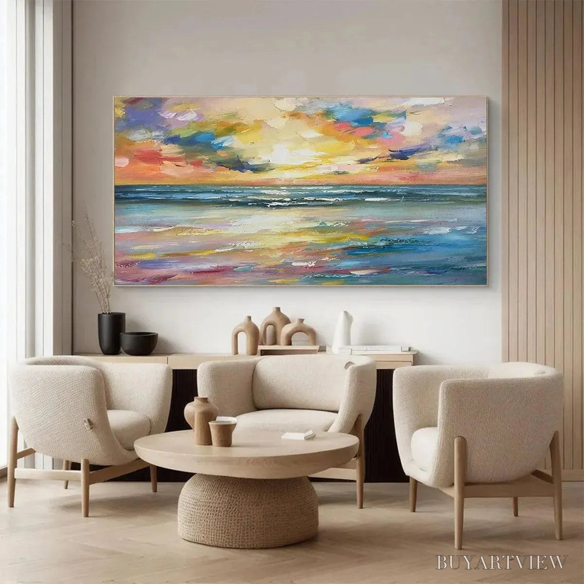 ARTOVITAS Seaside Sunset Serenade – Ocean Painting, Impasto Texture, Sunset Beach, Panoramic , Horizontal Canvas - image 4