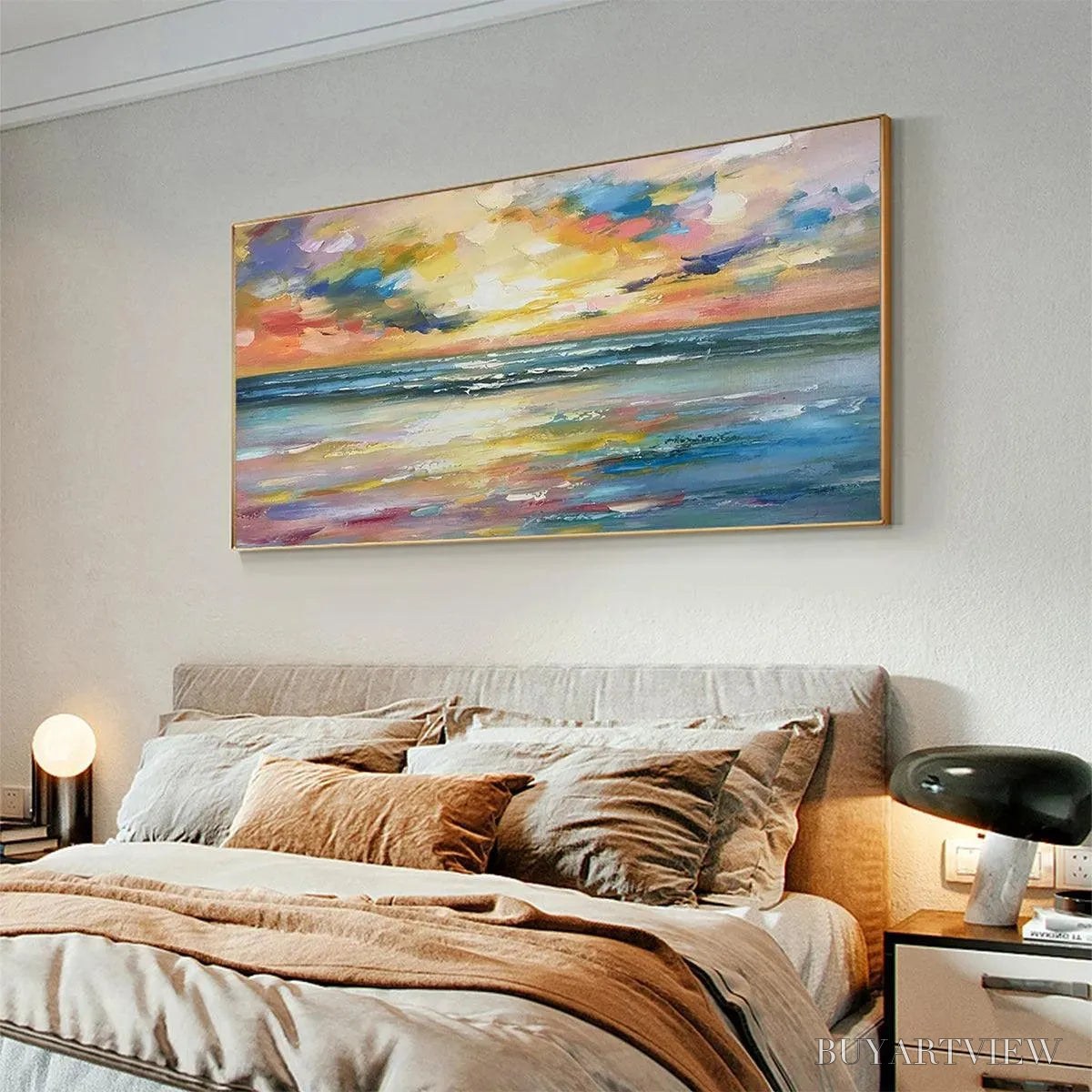 ARTOVITAS Seaside Sunset Serenade – Ocean Painting, Impasto Texture, Sunset Beach, Panoramic , Horizontal Canvas - image 6