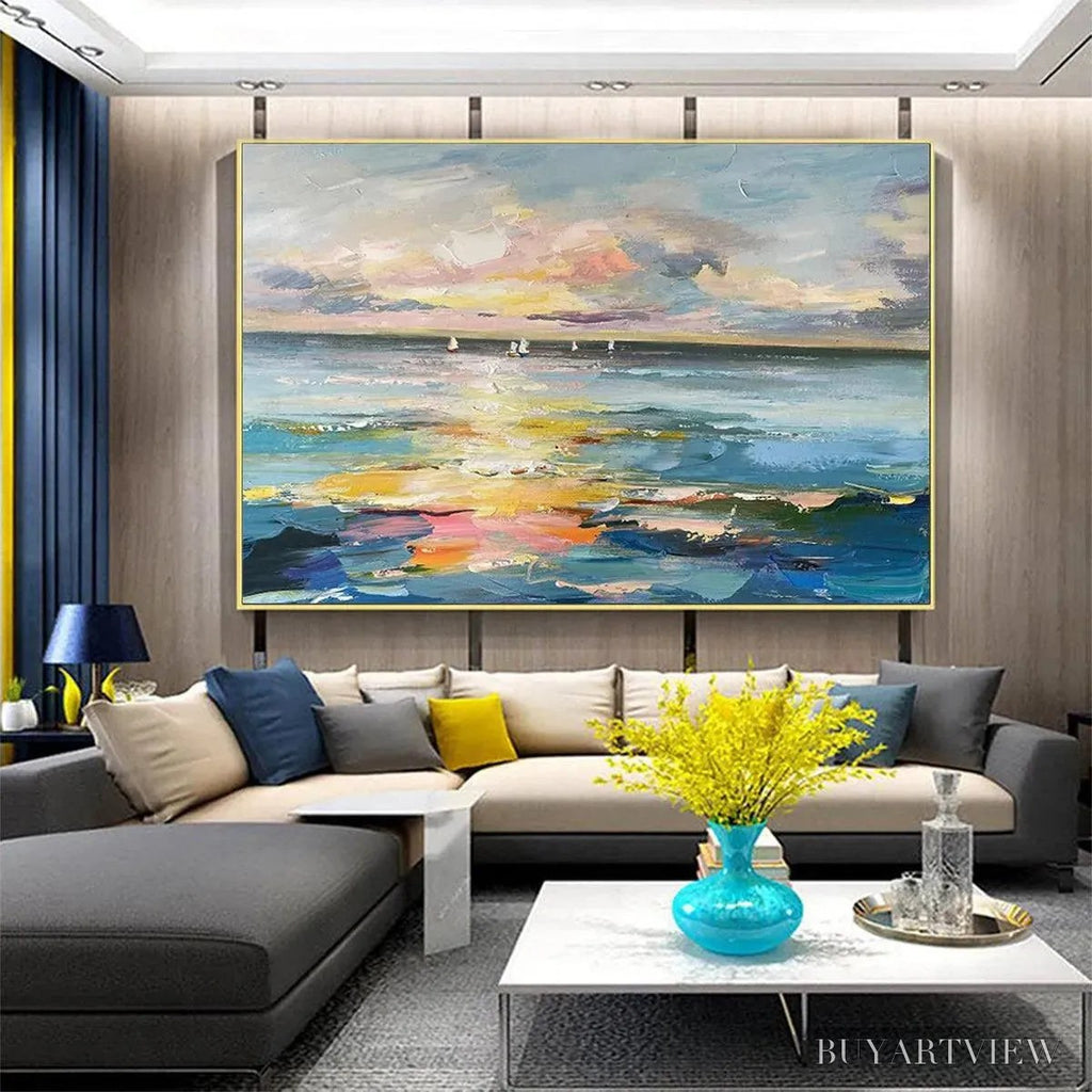 ARTOVITAS Sunset Sail – Seascape Painting, Impasto Texture, Ocean View, Panoramic , Horizontal - image 2