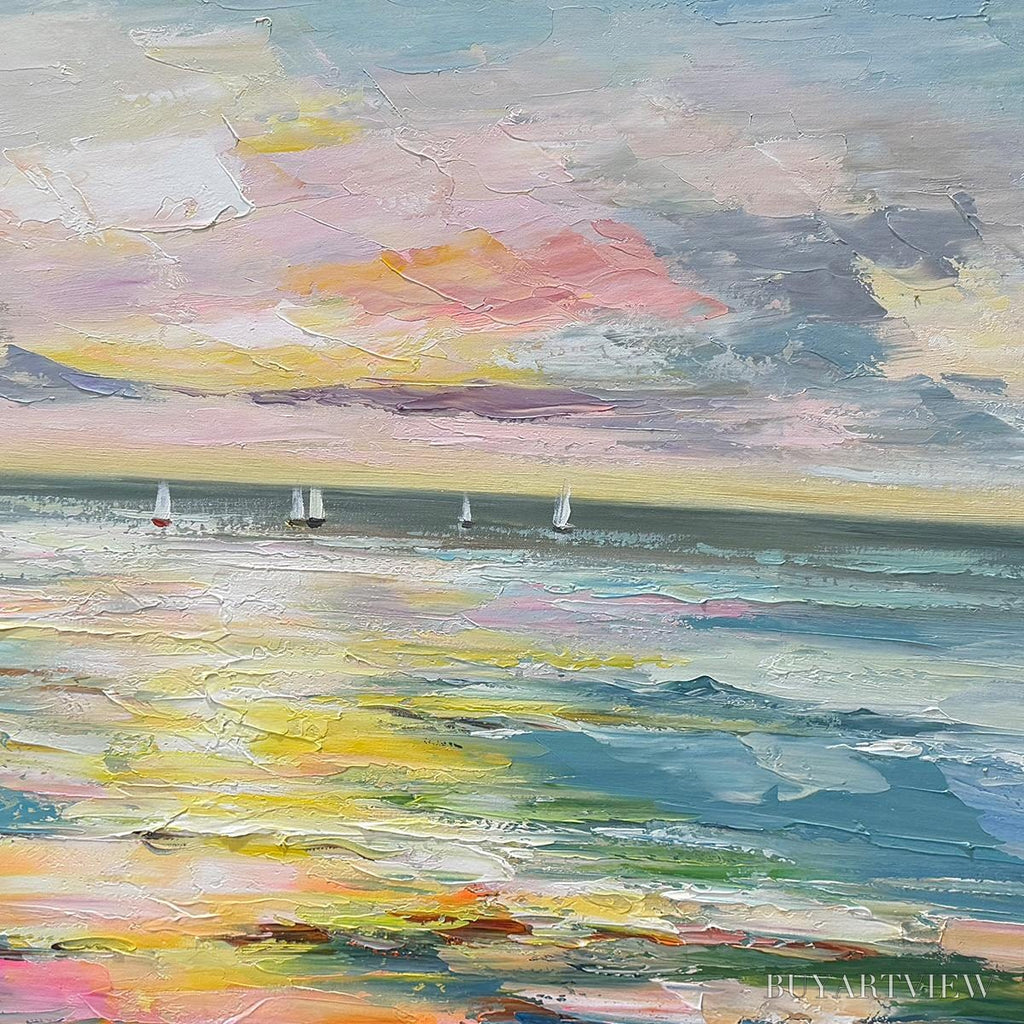 ARTOVITAS Sunset Sail – Seascape Painting, Impasto Texture, Ocean View, Panoramic , Horizontal - image 3