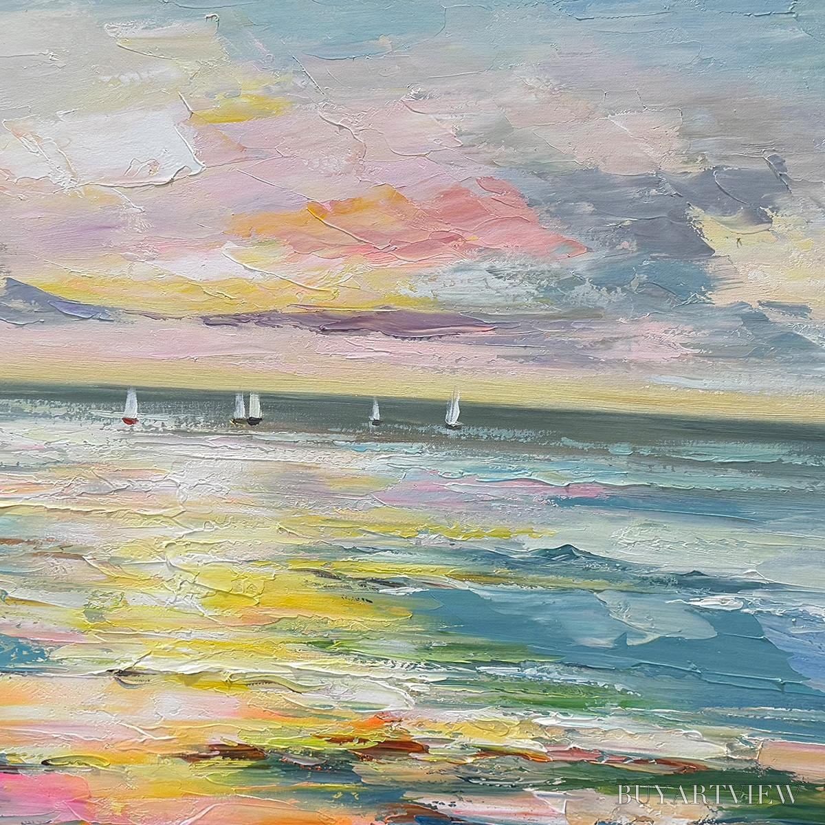 ARTOVITAS Sunset Sail – Seascape Painting, Impasto Texture, Ocean View, Panoramic , Horizontal - image 3