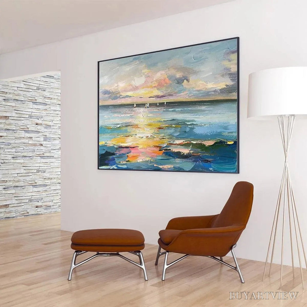 ARTOVITAS Sunset Sail – Seascape Painting, Impasto Texture, Ocean View, Panoramic , Horizontal - image 4