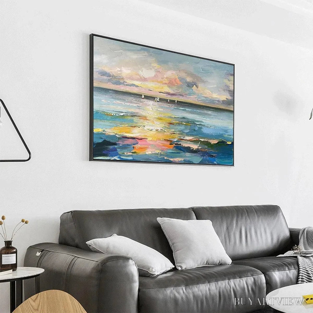 ARTOVITAS Sunset Sail – Seascape Painting, Impasto Texture, Ocean View, Panoramic , Horizontal - image 5