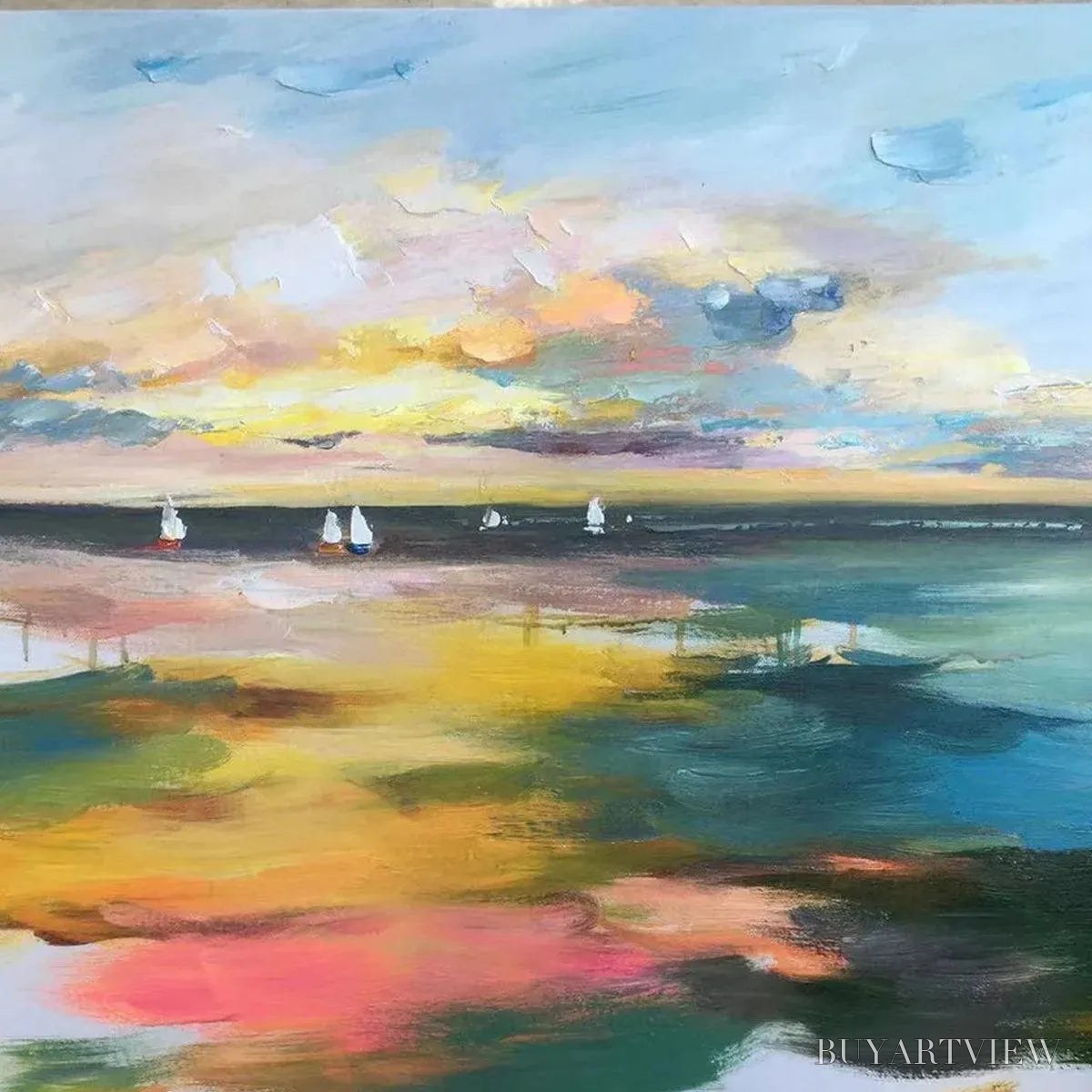 ARTOVITAS Sunset Sail – Seascape Painting, Impasto Texture, Ocean View, Panoramic , Horizontal - image 6
