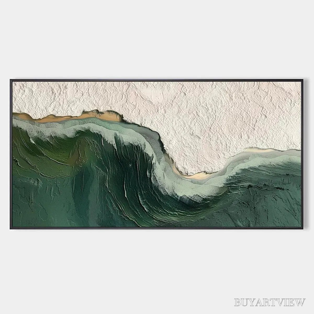 ARTOVITAS Emerald Depths – Textured Abstract Seascape Painting, Green and White , Panoramic Canvas, Coastal Decor - image 1