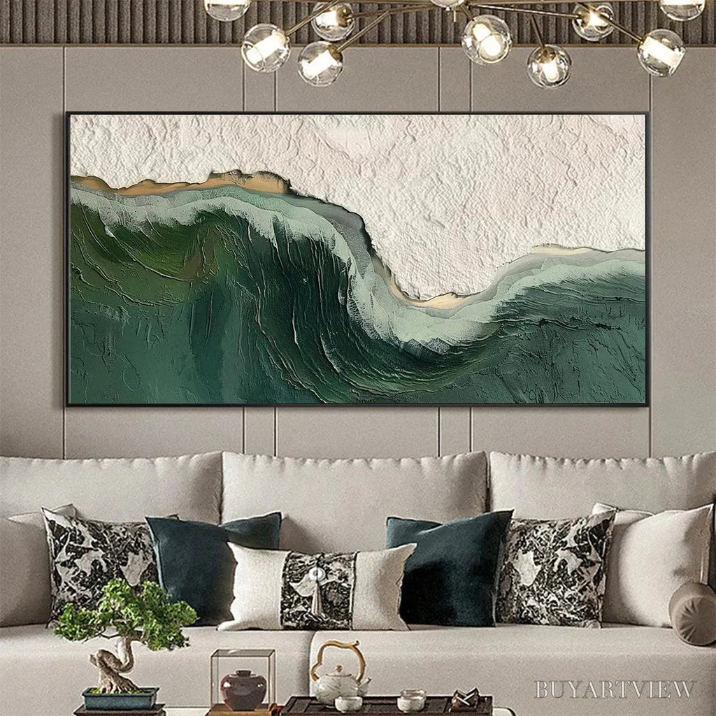 ARTOVITAS Emerald Depths – Textured Abstract Seascape Painting, Green and White , Panoramic Canvas, Coastal Decor - image 2