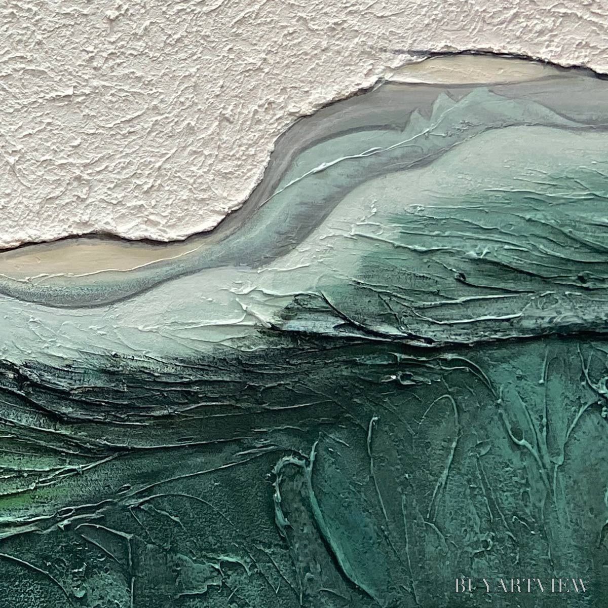 ARTOVITAS Emerald Depths – Textured Abstract Seascape Painting, Green and White , Panoramic Canvas, Coastal Decor - image 3