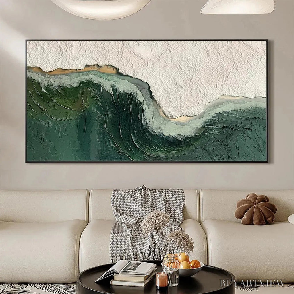 ARTOVITAS Emerald Depths – Textured Abstract Seascape Painting, Green and White , Panoramic Canvas, Coastal Decor - image 4
