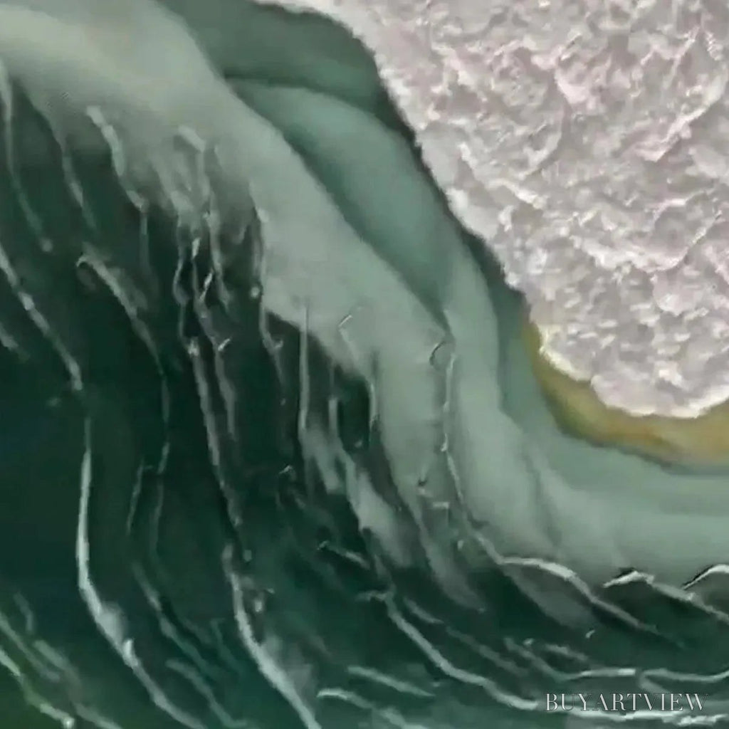 ARTOVITAS Emerald Depths – Textured Abstract Seascape Painting, Green and White , Panoramic Canvas, Coastal Decor - image 5
