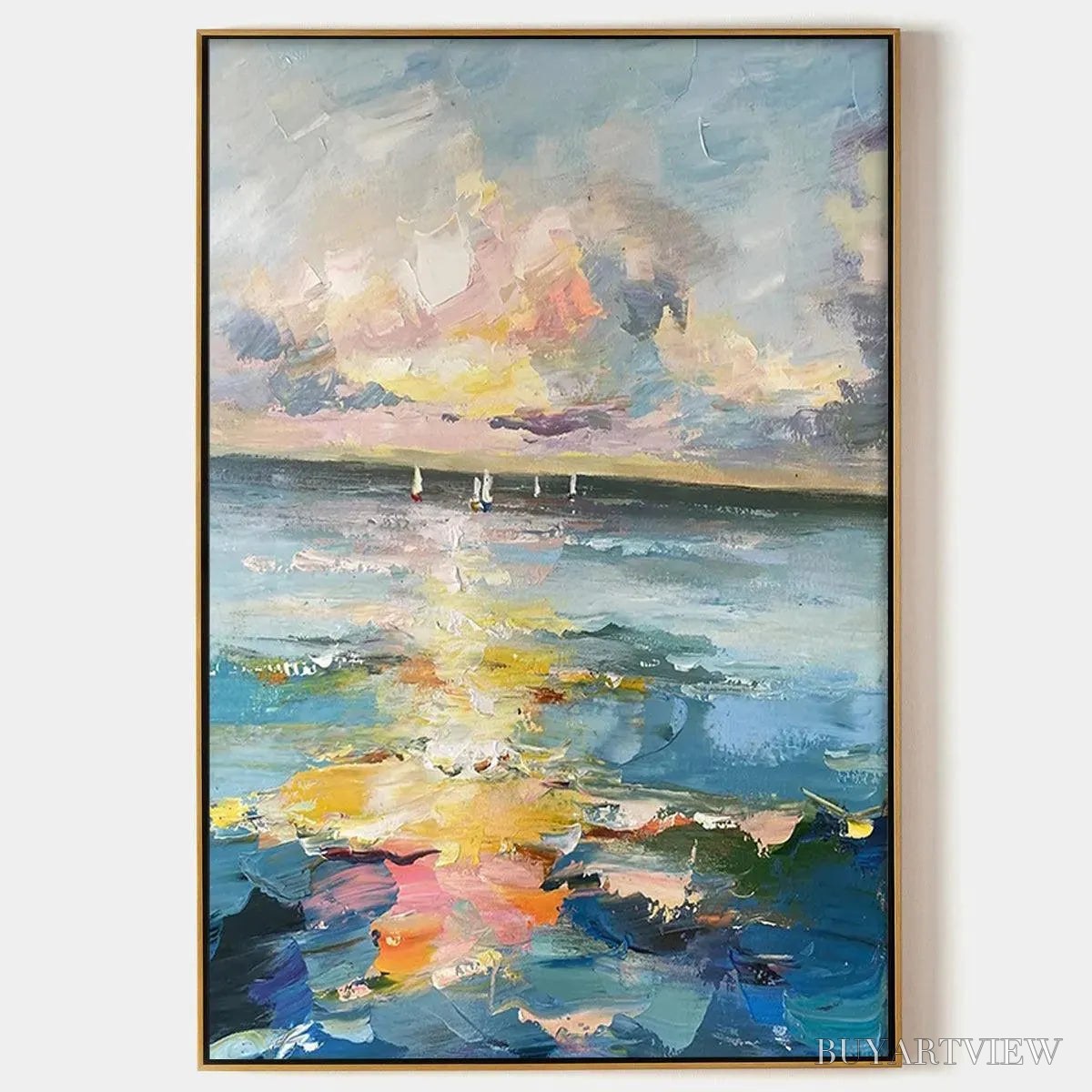 ARTOVITAS Sailboats At Sunset – Seascape Painting, Impasto, Textured , Ocean Sunset, Vertical - image 1