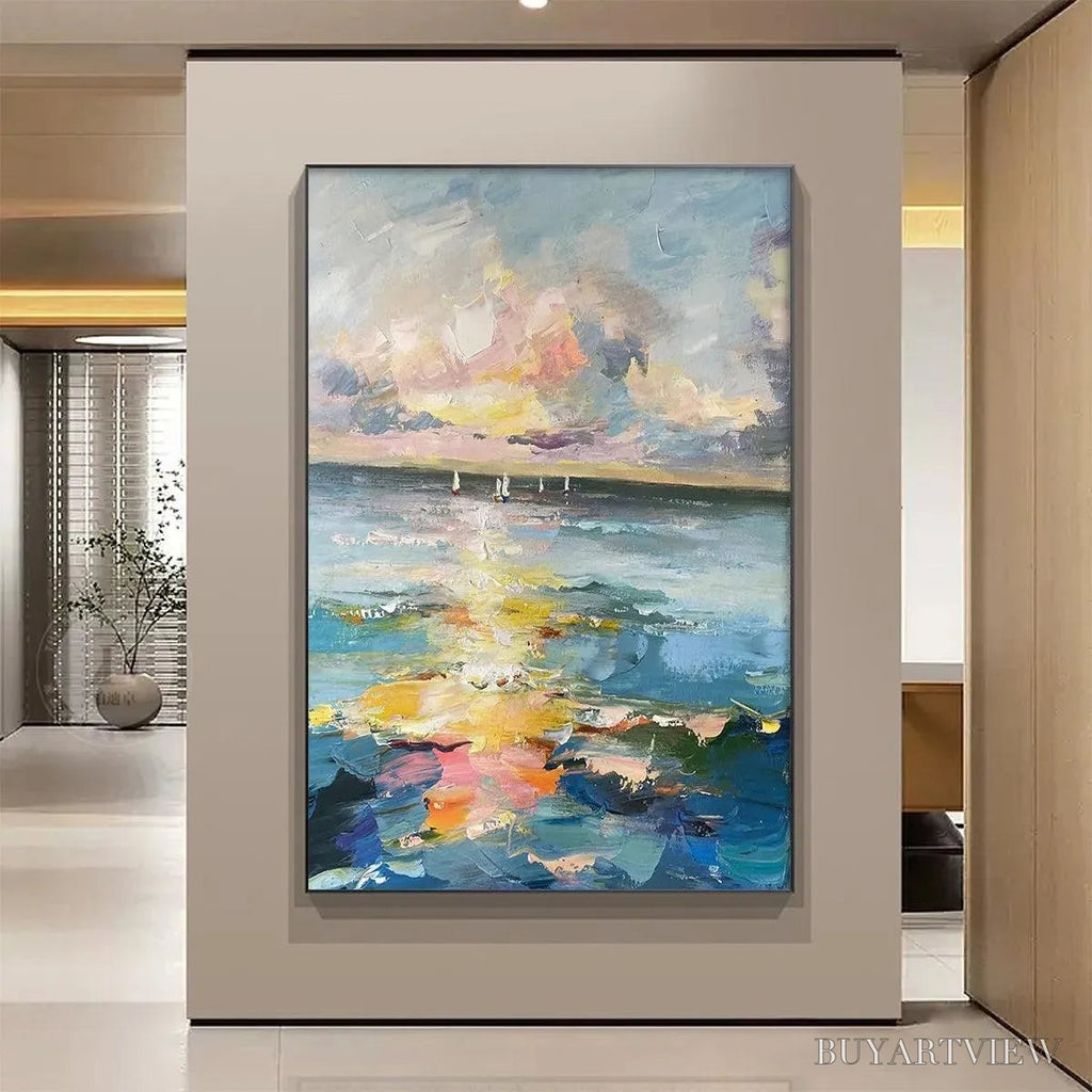 ARTOVITAS Sailboats At Sunset – Seascape Painting, Impasto, Textured , Ocean Sunset, Vertical - image 2
