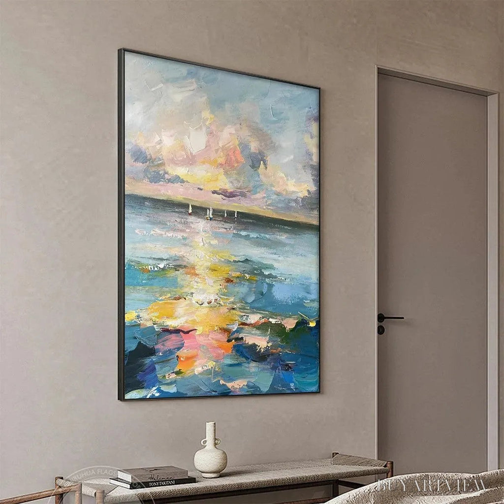 ARTOVITAS Sailboats At Sunset – Seascape Painting, Impasto, Textured , Ocean Sunset, Vertical - image 4