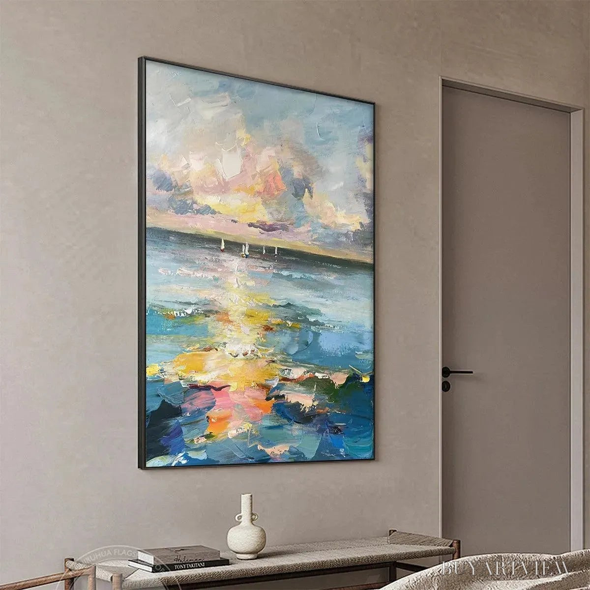 ARTOVITAS Sailboats At Sunset – Seascape Painting, Impasto, Textured , Ocean Sunset, Vertical - image 4