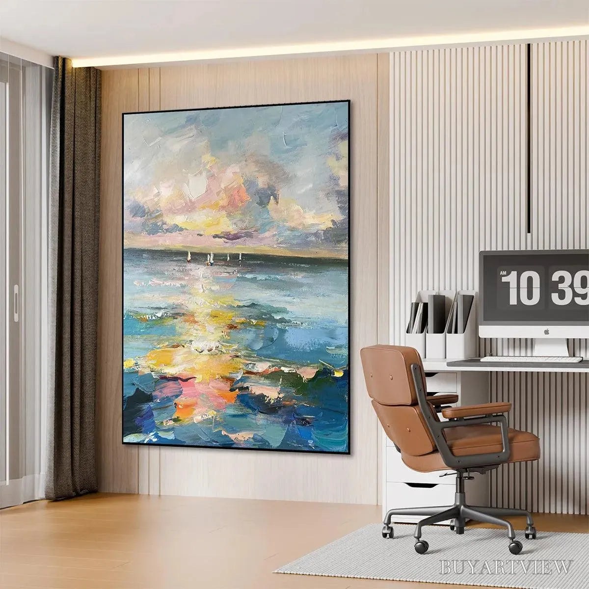 ARTOVITAS Sailboats At Sunset – Seascape Painting, Impasto, Textured , Ocean Sunset, Vertical - image 5