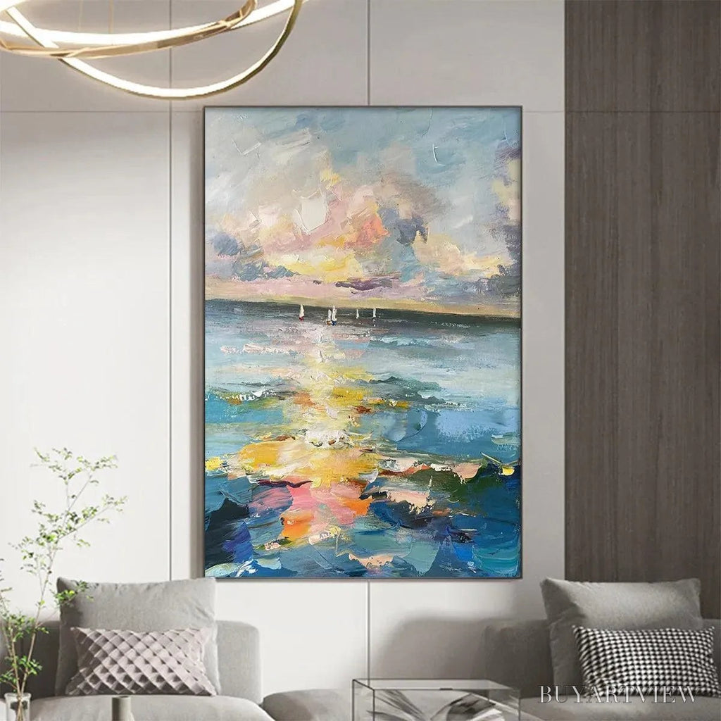ARTOVITAS Sailboats At Sunset – Seascape Painting, Impasto, Textured , Ocean Sunset, Vertical - image 6