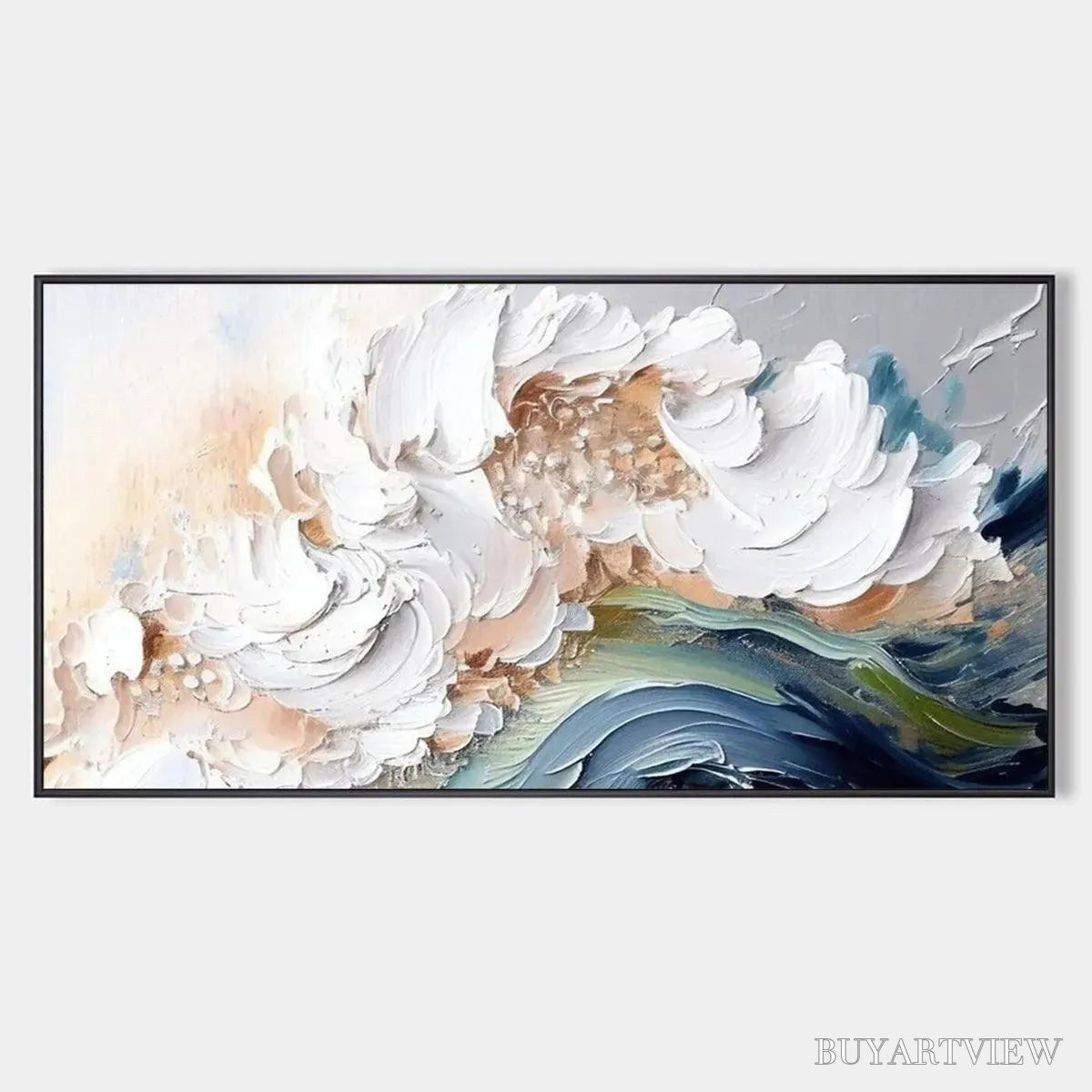 ARTOVITAS Ocean Whispers – Textured Abstract Seascape Painting, White and Blue , Panoramic Canvas, Coastal Decor - image 1