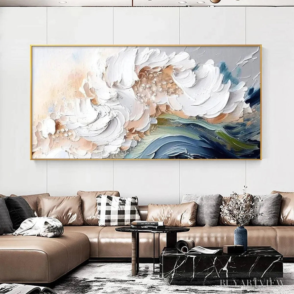 ARTOVITAS Ocean Whispers – Textured Abstract Seascape Painting, White and Blue , Panoramic Canvas, Coastal Decor - image 2