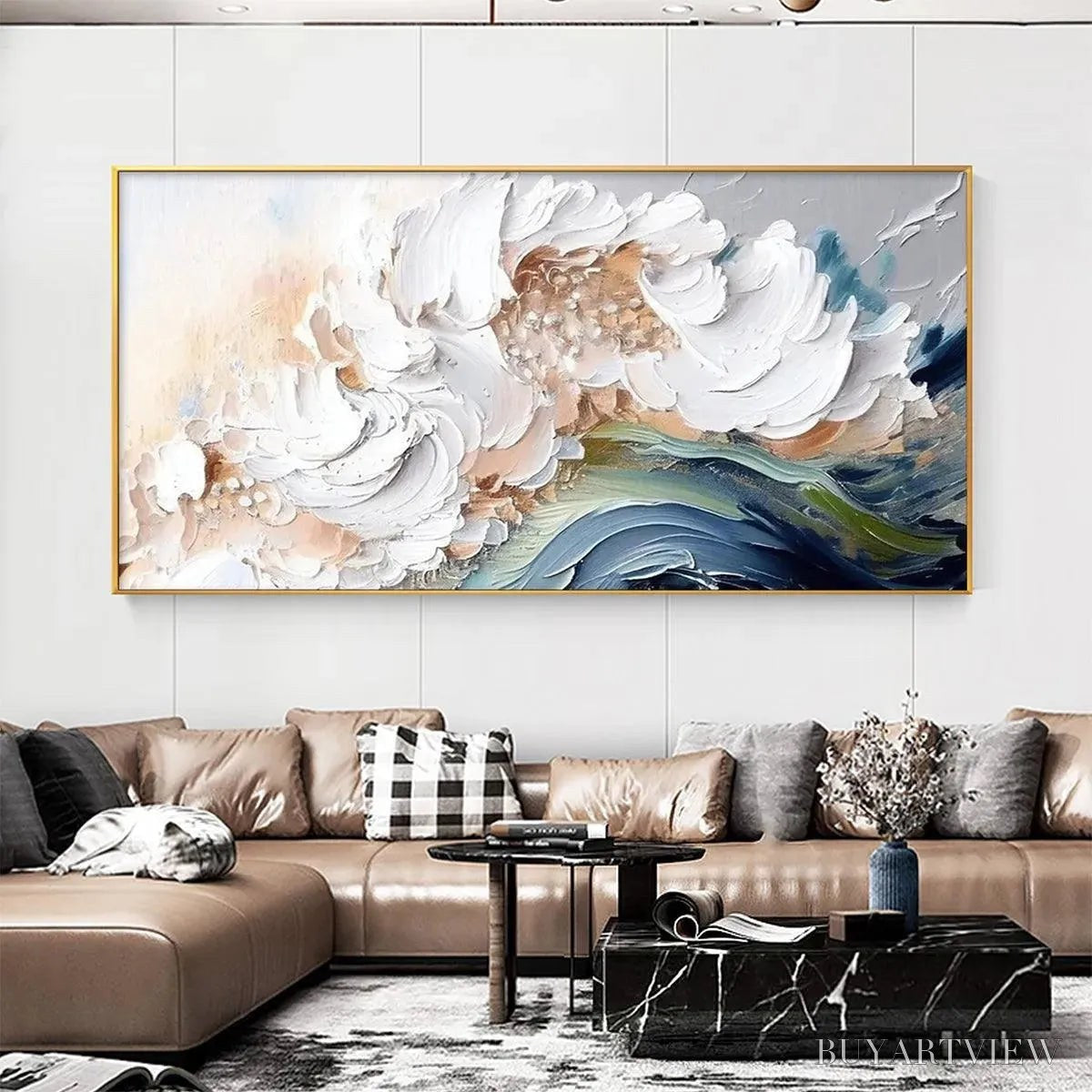 ARTOVITAS Ocean Whispers – Textured Abstract Seascape Painting, White and Blue , Panoramic Canvas, Coastal Decor - image 2