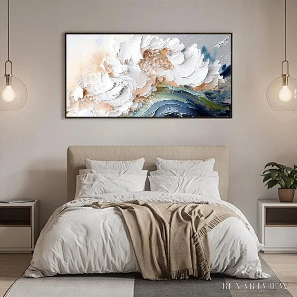 ARTOVITAS Ocean Whispers – Textured Abstract Seascape Painting, White and Blue , Panoramic Canvas, Coastal Decor - image 4