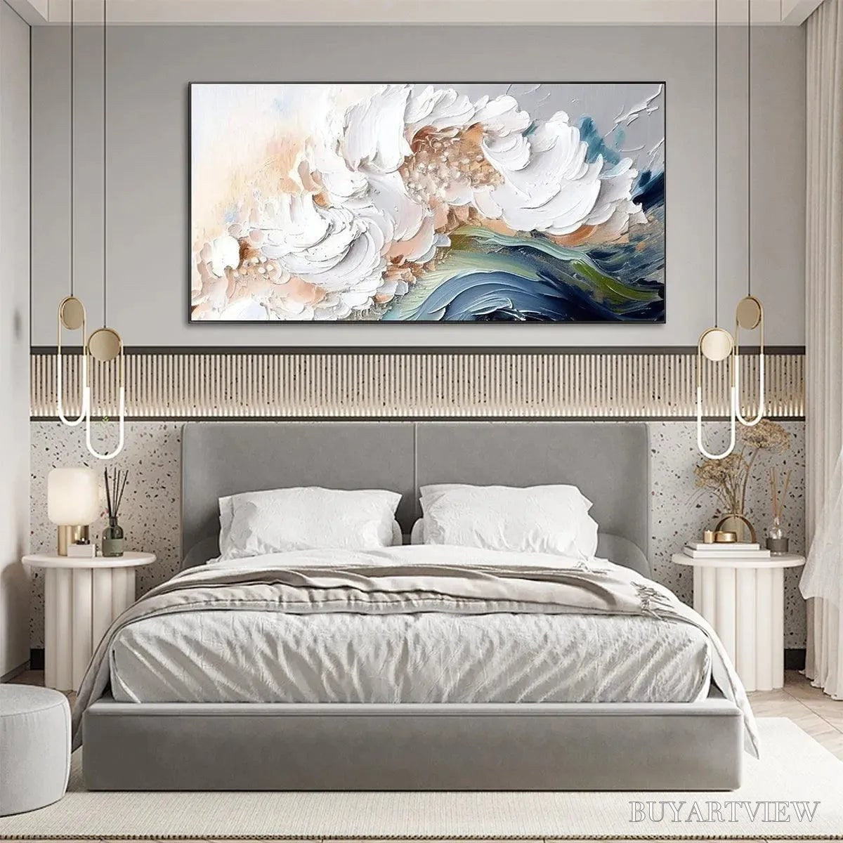 ARTOVITAS Ocean Whispers – Textured Abstract Seascape Painting, White and Blue , Panoramic Canvas, Coastal Decor - image 6