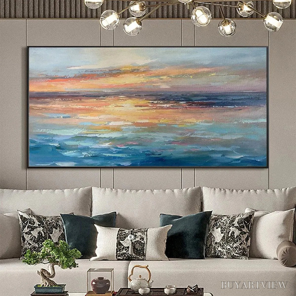 ARTOVITAS Serene Sunset – Panoramic Seascape Painting, Textured , Horizontal Canvas, Beach Decor - image 2