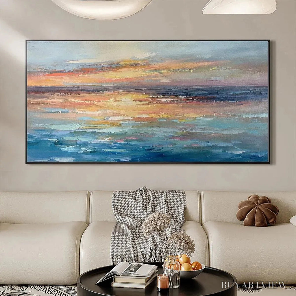 ARTOVITAS Serene Sunset – Panoramic Seascape Painting, Textured , Horizontal Canvas, Beach Decor - image 4