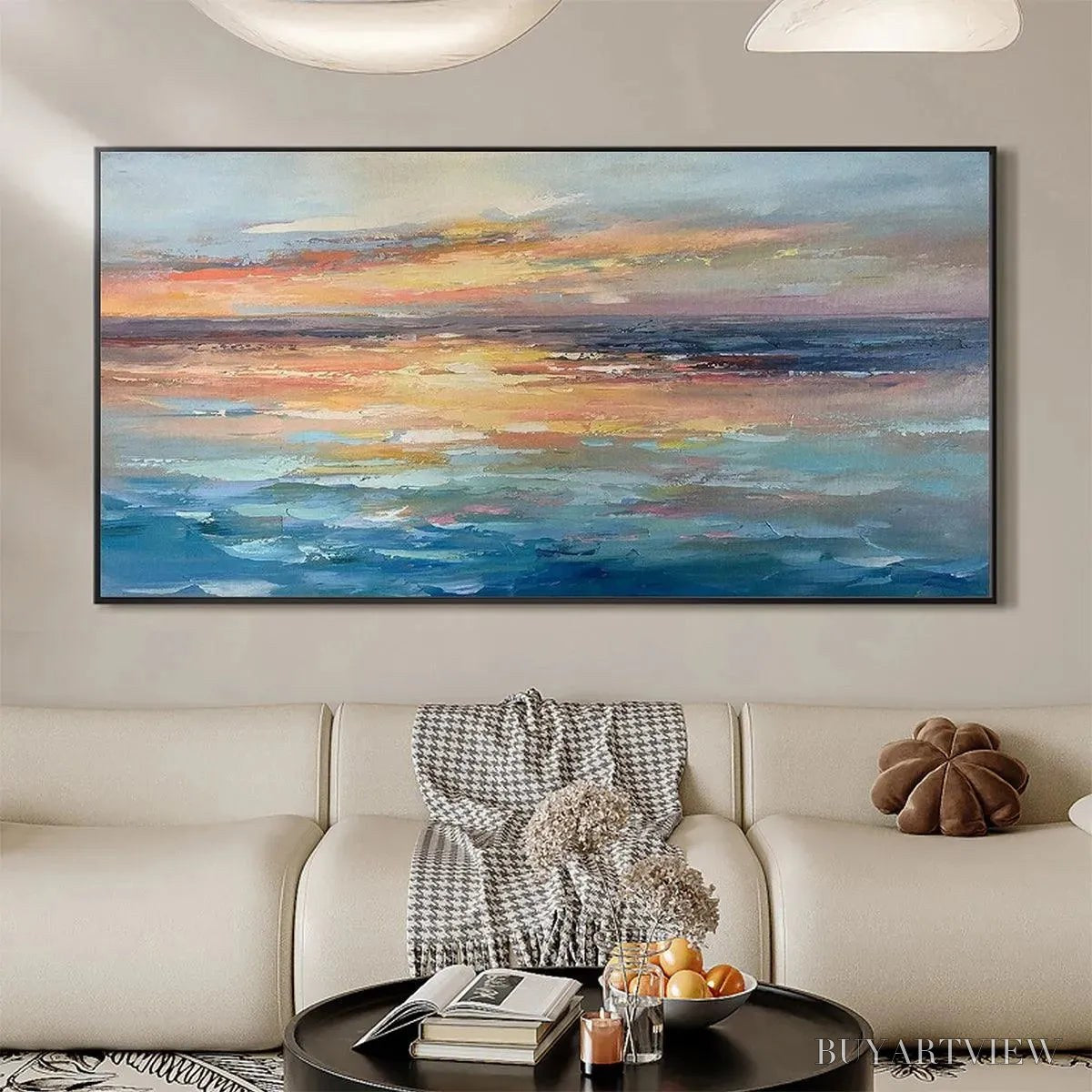 ARTOVITAS Serene Sunset – Panoramic Seascape Painting, Textured , Horizontal Canvas, Beach Decor - image 4
