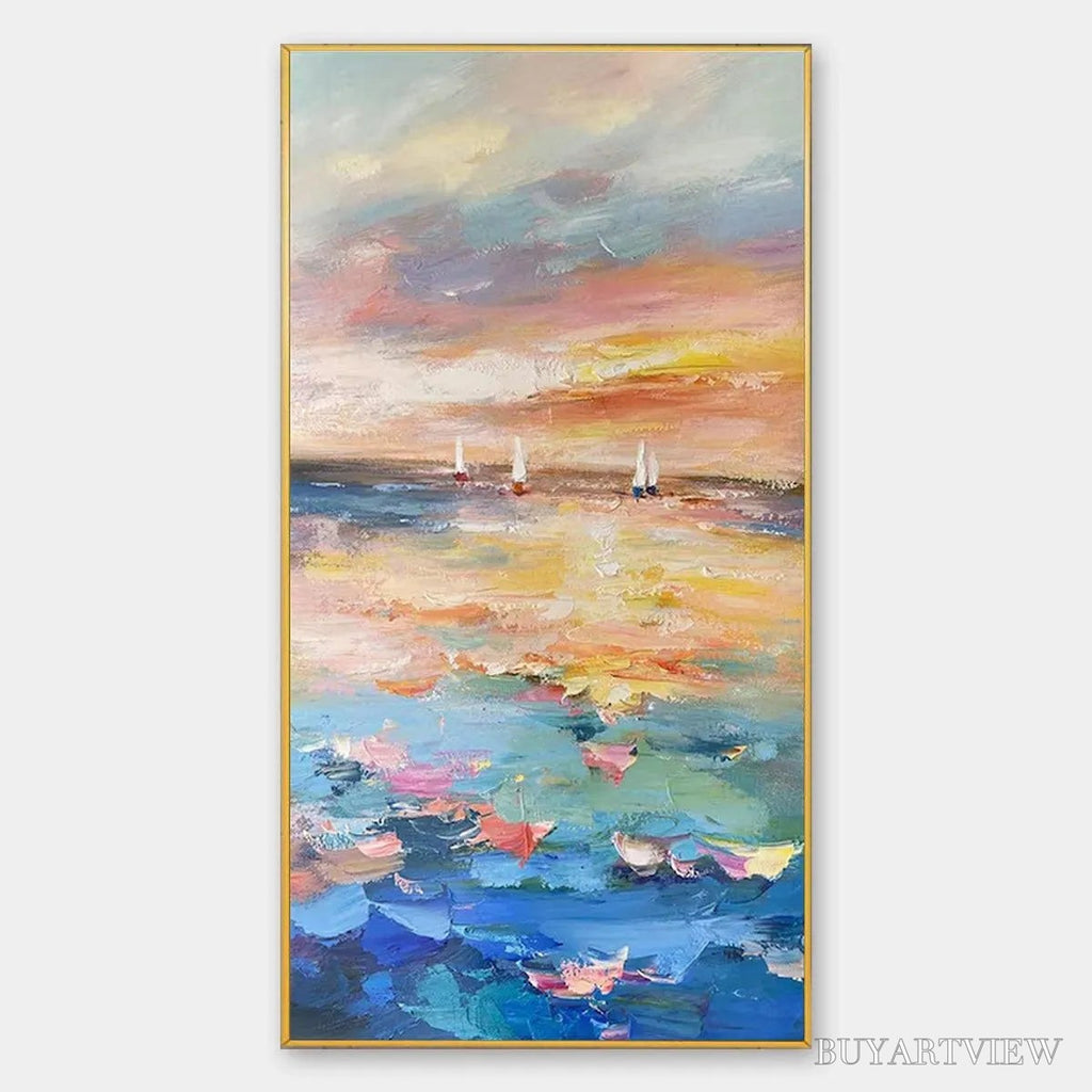 ARTOVITAS Sailing At Sunset – Colorful Seascape Painting, Textured , Vertical Canvas, Beach Decor - image 1