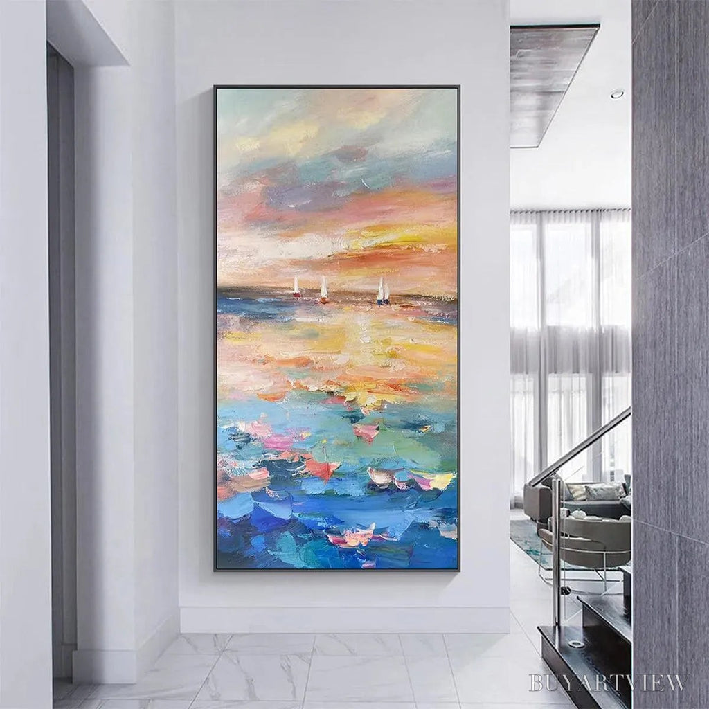 ARTOVITAS Sailing At Sunset – Colorful Seascape Painting, Textured , Vertical Canvas, Beach Decor - image 2