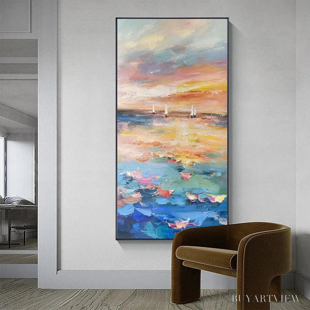 ARTOVITAS Sailing At Sunset – Colorful Seascape Painting, Textured , Vertical Canvas, Beach Decor - image 4