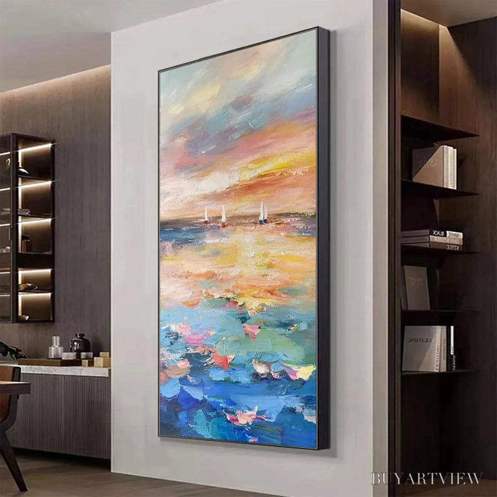 ARTOVITAS Sailing At Sunset – Colorful Seascape Painting, Textured , Vertical Canvas, Beach Decor - image 5