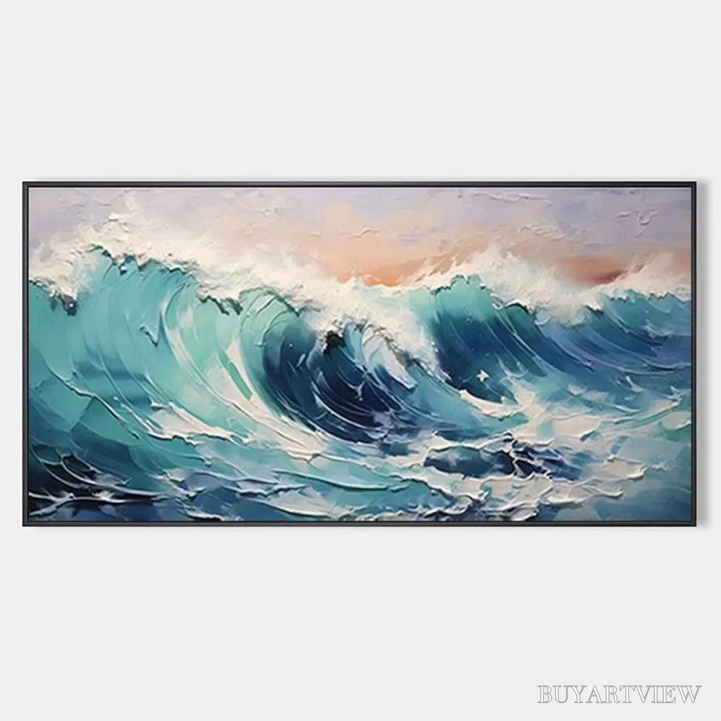 ARTOVITAS Cresting Wave – Textured Ocean Painting, Turquoise Wave , Panoramic Canvas, Seascape Decor - image 1
