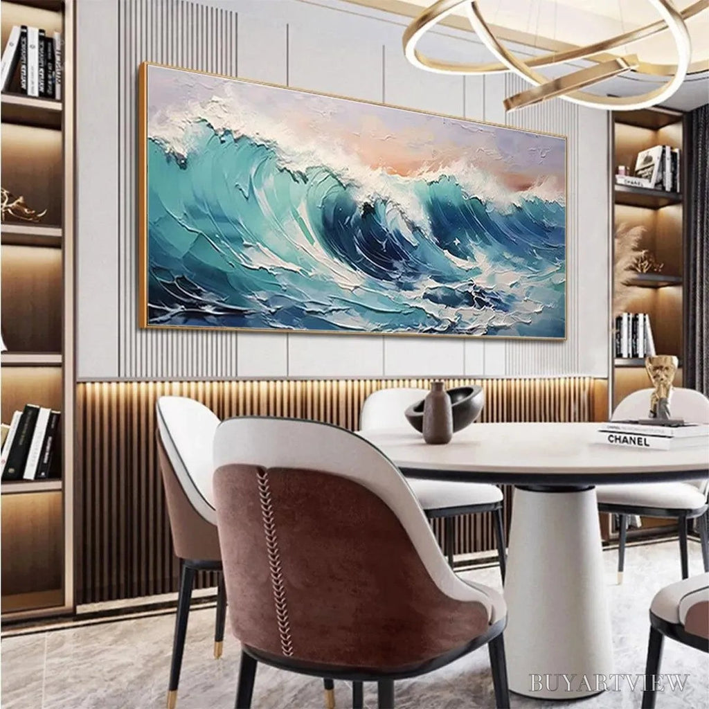ARTOVITAS Cresting Wave – Textured Ocean Painting, Turquoise Wave , Panoramic Canvas, Seascape Decor - image 2
