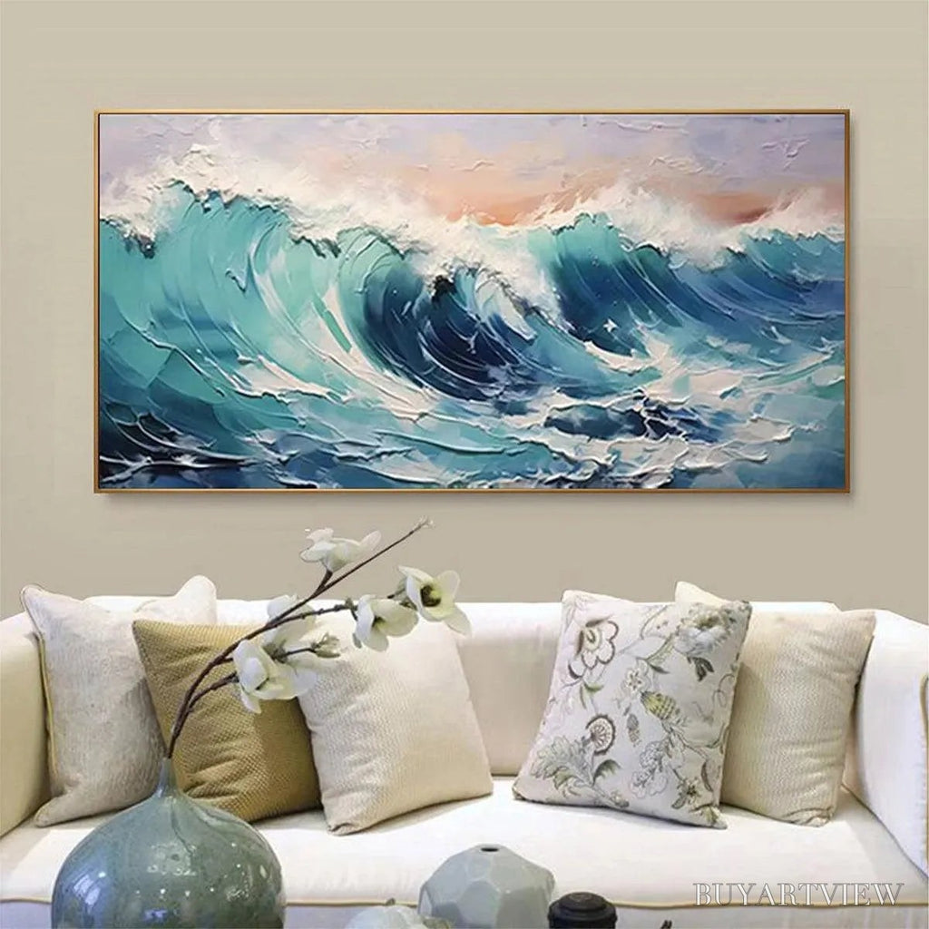 ARTOVITAS Cresting Wave – Textured Ocean Painting, Turquoise Wave , Panoramic Canvas, Seascape Decor - image 4